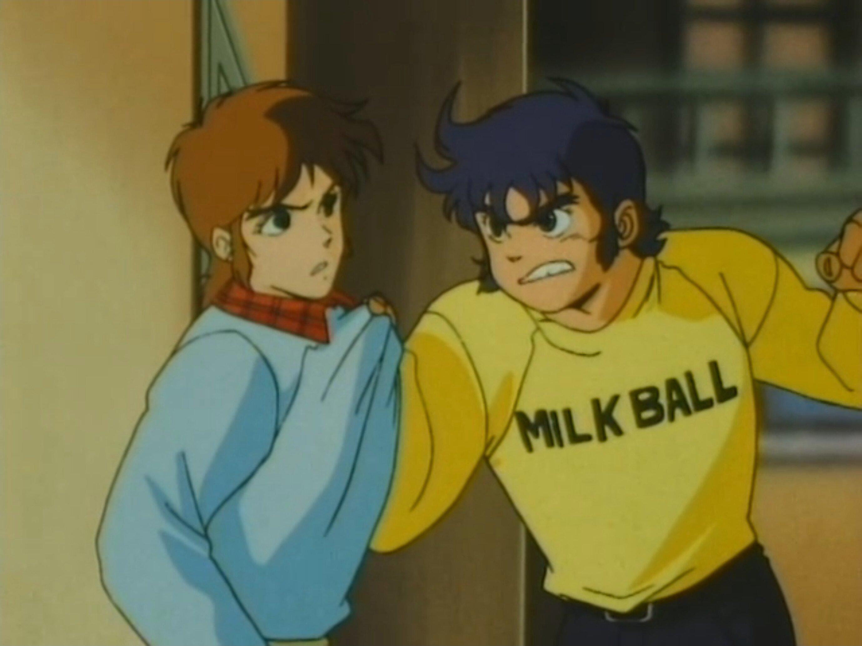 Kento from Ronin Warriors wearing a yellow sweater reading 'MILK BALL' fighting with Cye