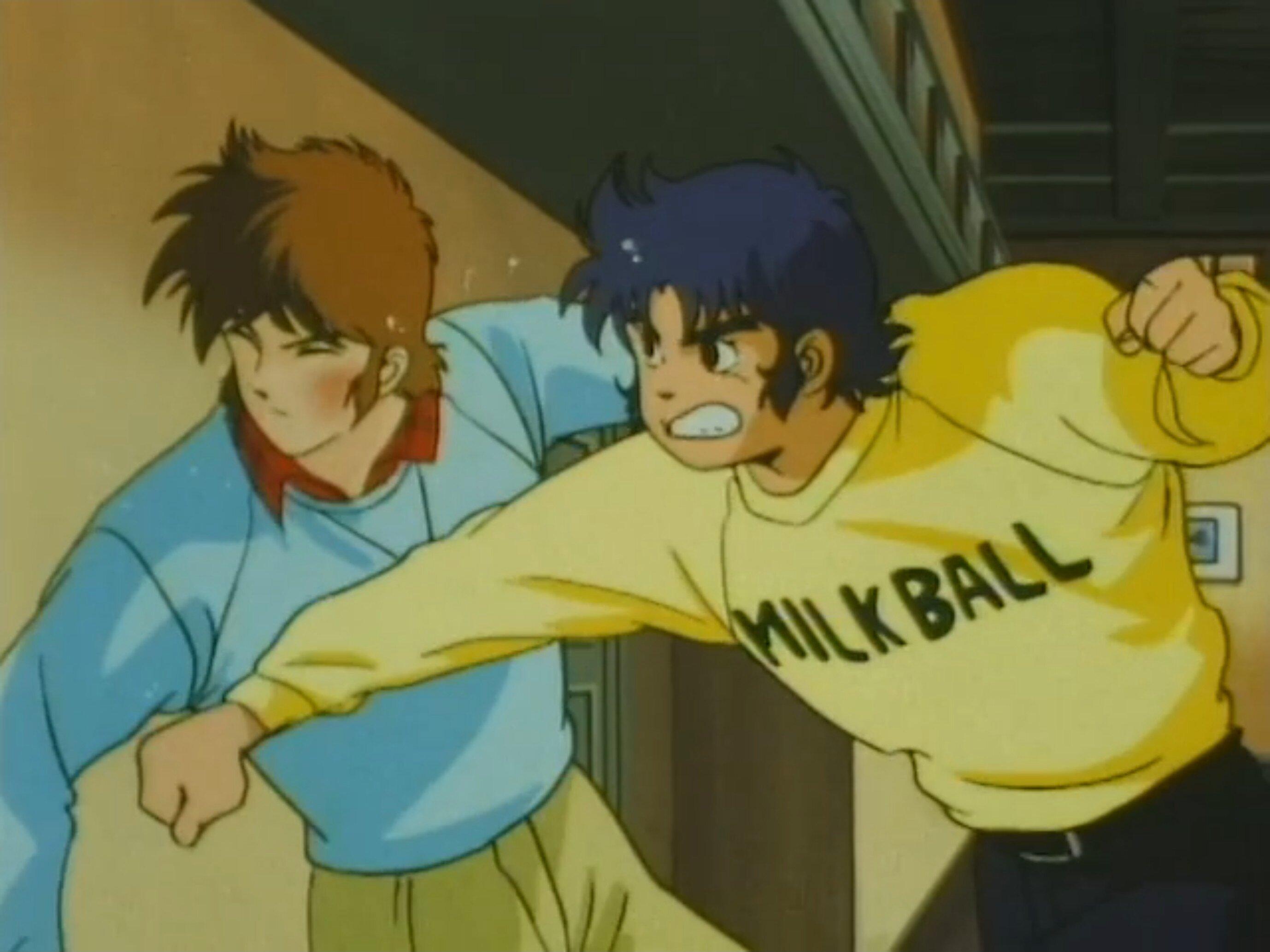 Kento from Ronin Warriors wearing a yellow sweater reading 'MILK BALL' fighting with Cye