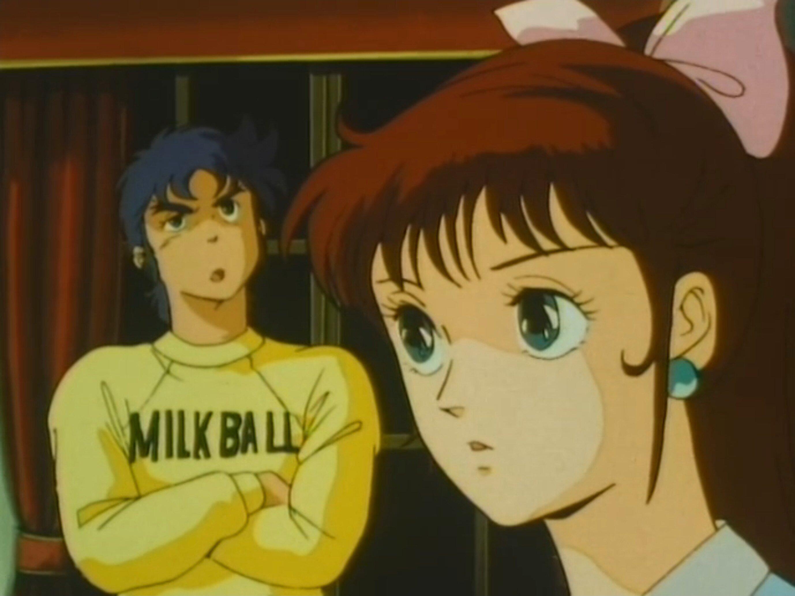 Kento from Ronin Warriors wearing a yellow sweater reading 'MILK BALL' while thinking