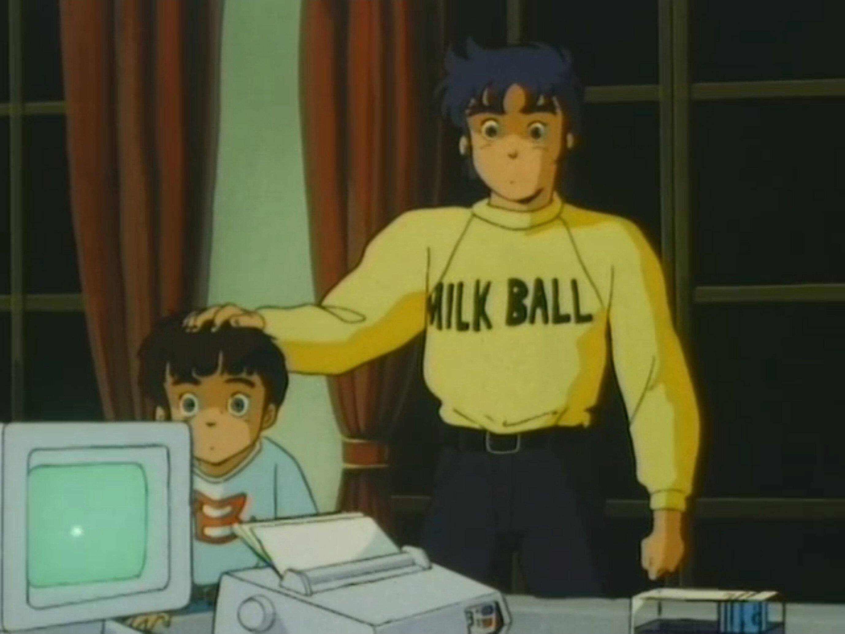 Kento from Ronin Warriors wearing a yellow sweater reading 'MILK BALL' looking surprised