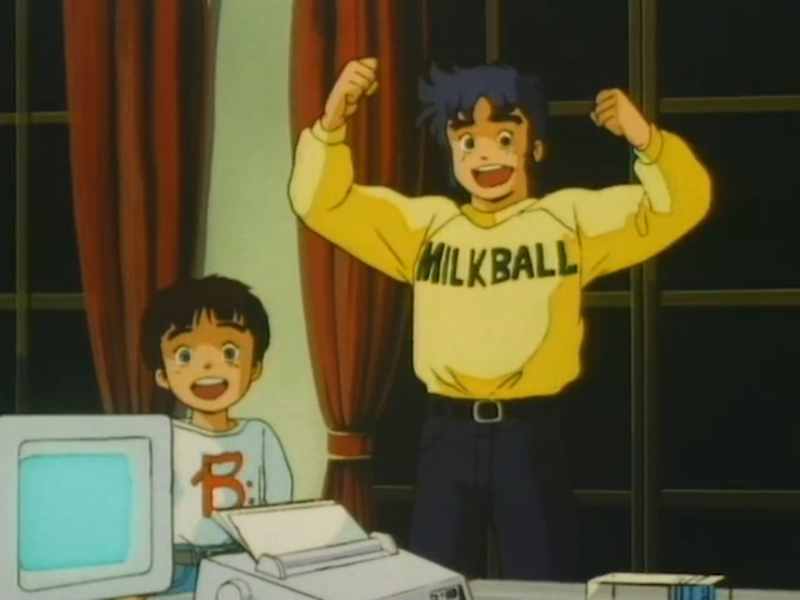 Kento from Ronin Warriors wearing a yellow sweater reading 'MILK BALL' celebrating something