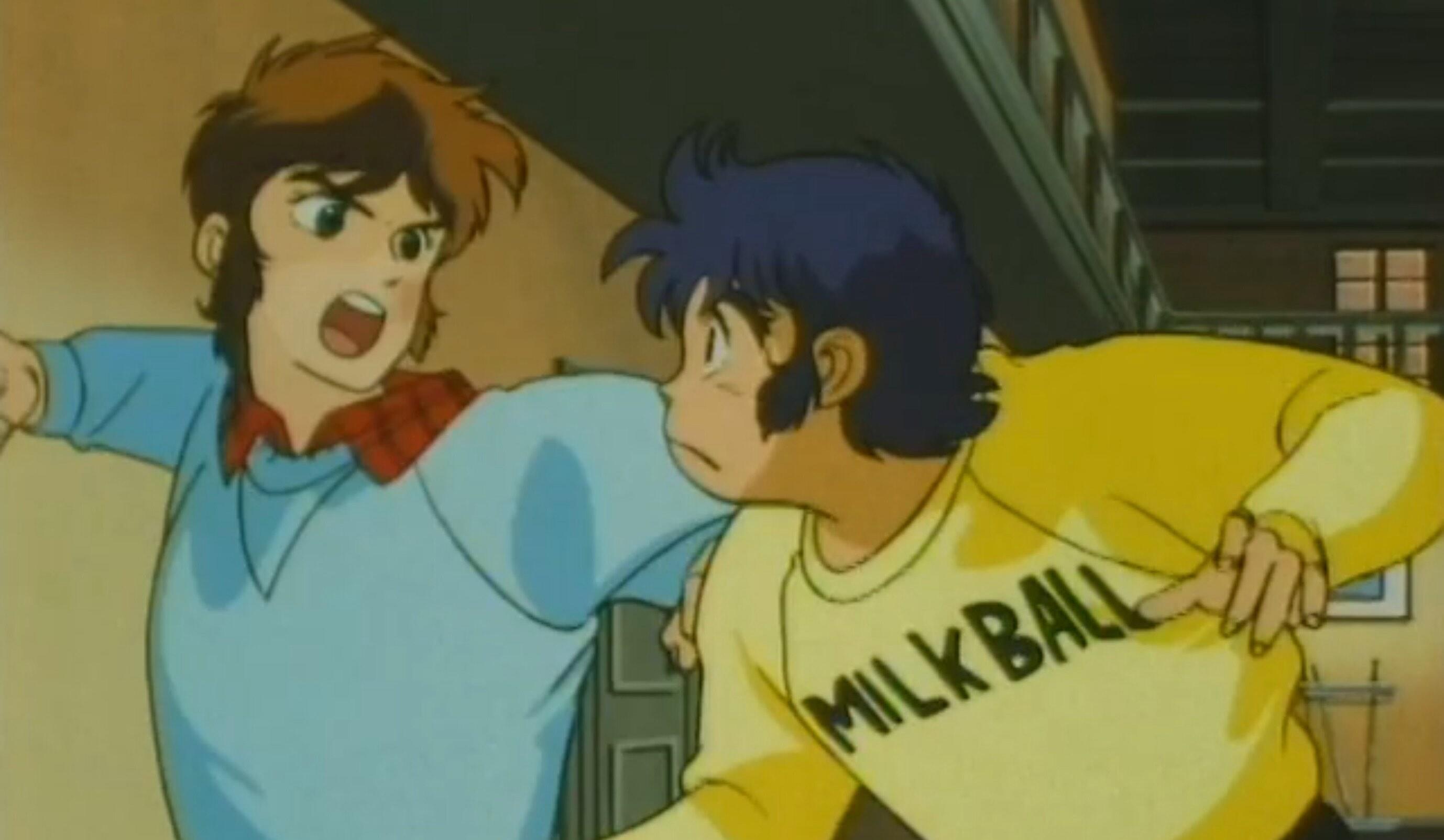 Kento from Ronin Warriors wearing a yellow sweater reading 'MILK BALL' fighting with Cye