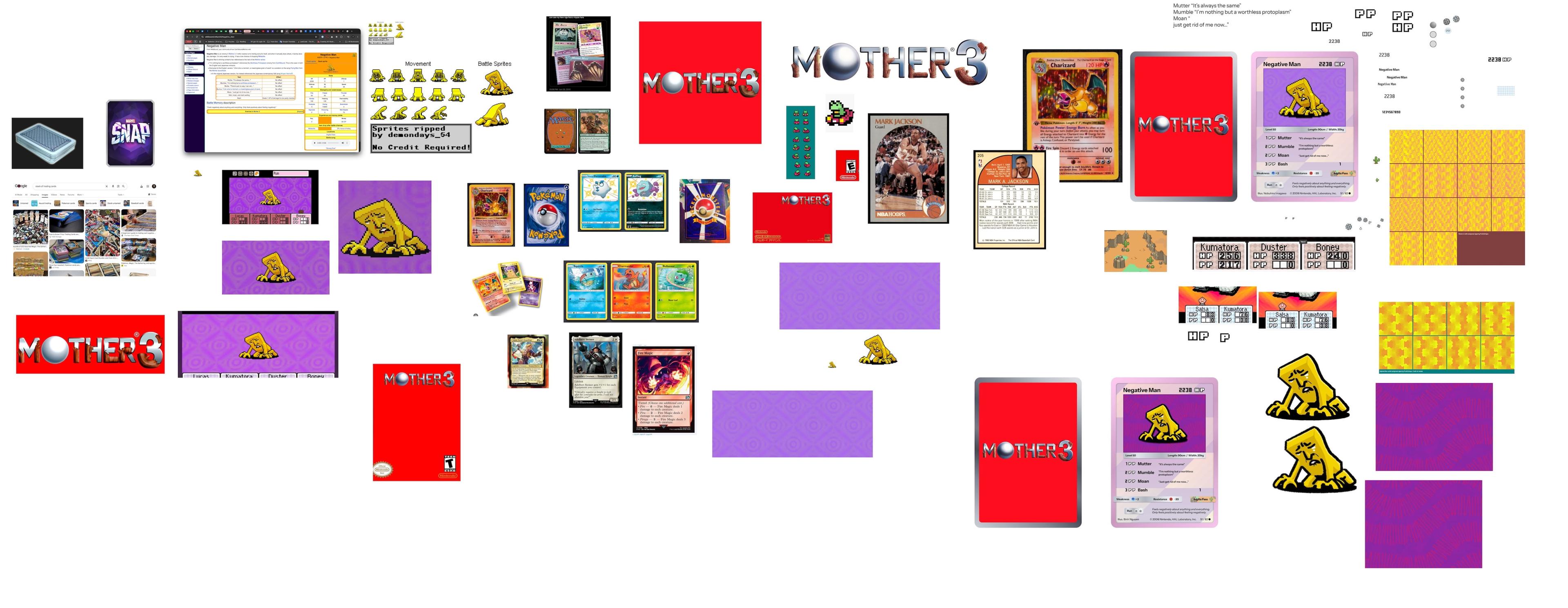 A Figma board of sketches, sprite references, and layout ideas for the Negative Man card