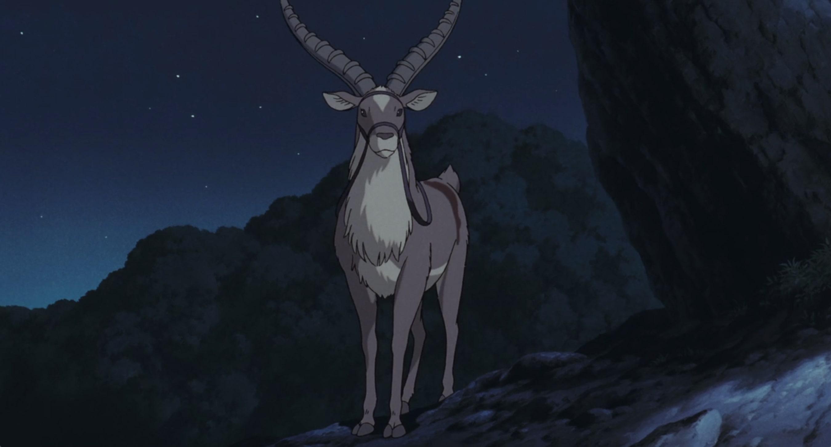a screenshot from from the film princess mononoke where yakul is standing on a rocky mountain at night