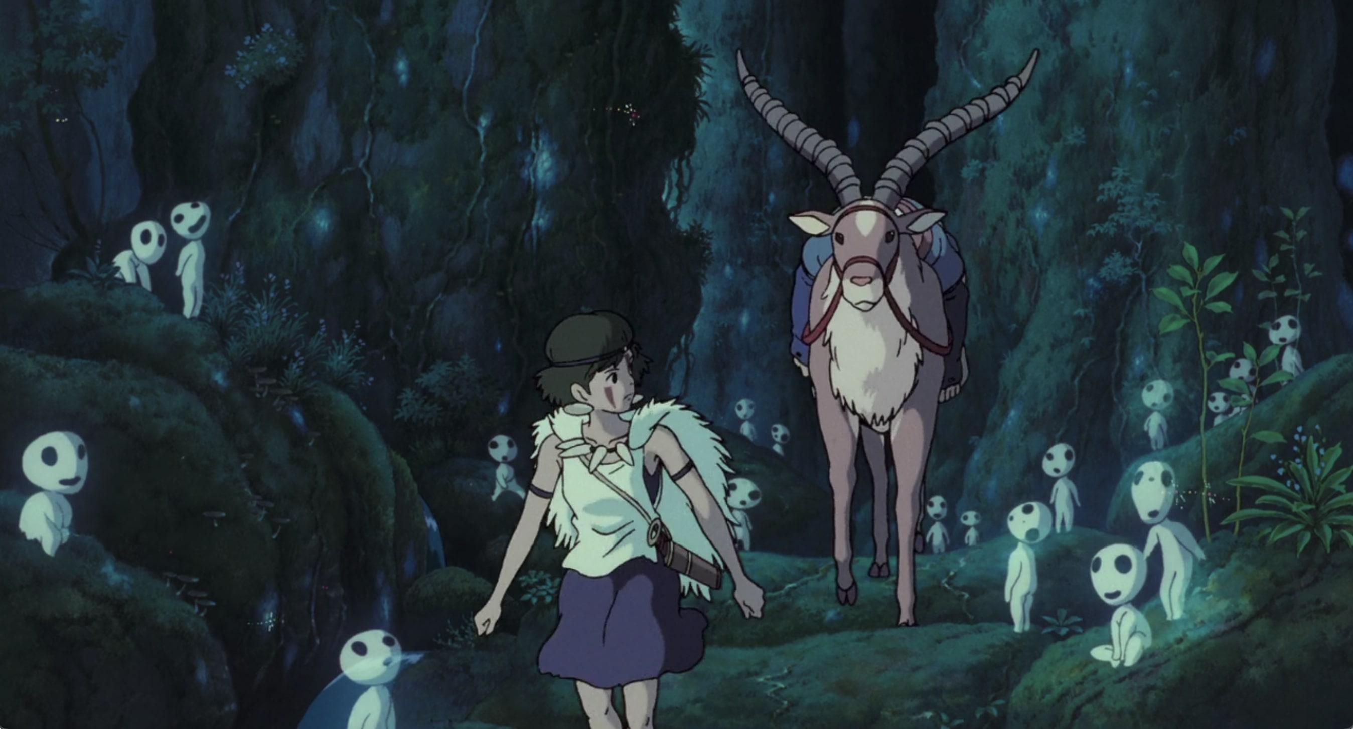 a screenshot from from the film princess mononoke where yakul is following san through the forest of the gods carrying an unconscious ashitaka on his back while forest spirits look on