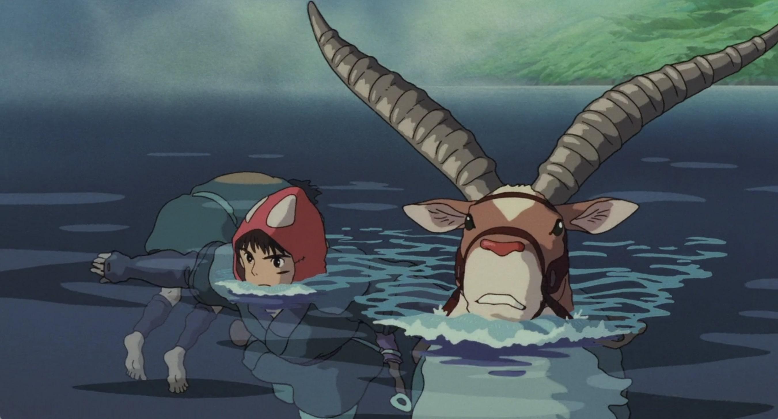 a screenshot from from the film princess mononoke where ashitaka and yakul are swimming through a lake with a dead body right next to them
