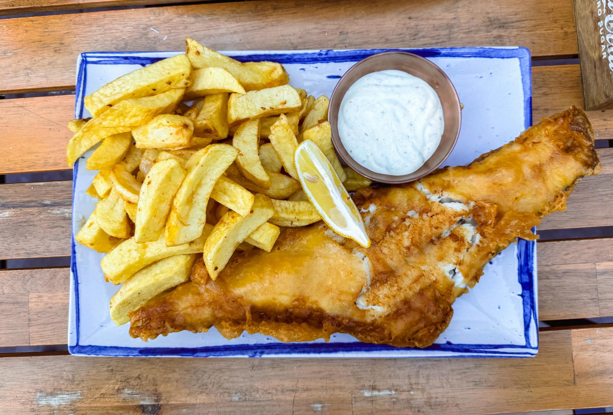 a plate of fish and chips from hoxton fish house in shoreditch