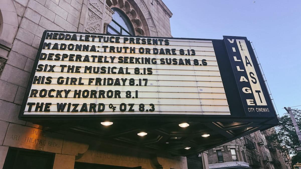 A marquee from the East Village Angelika theater with The Wizard of Oz displayed