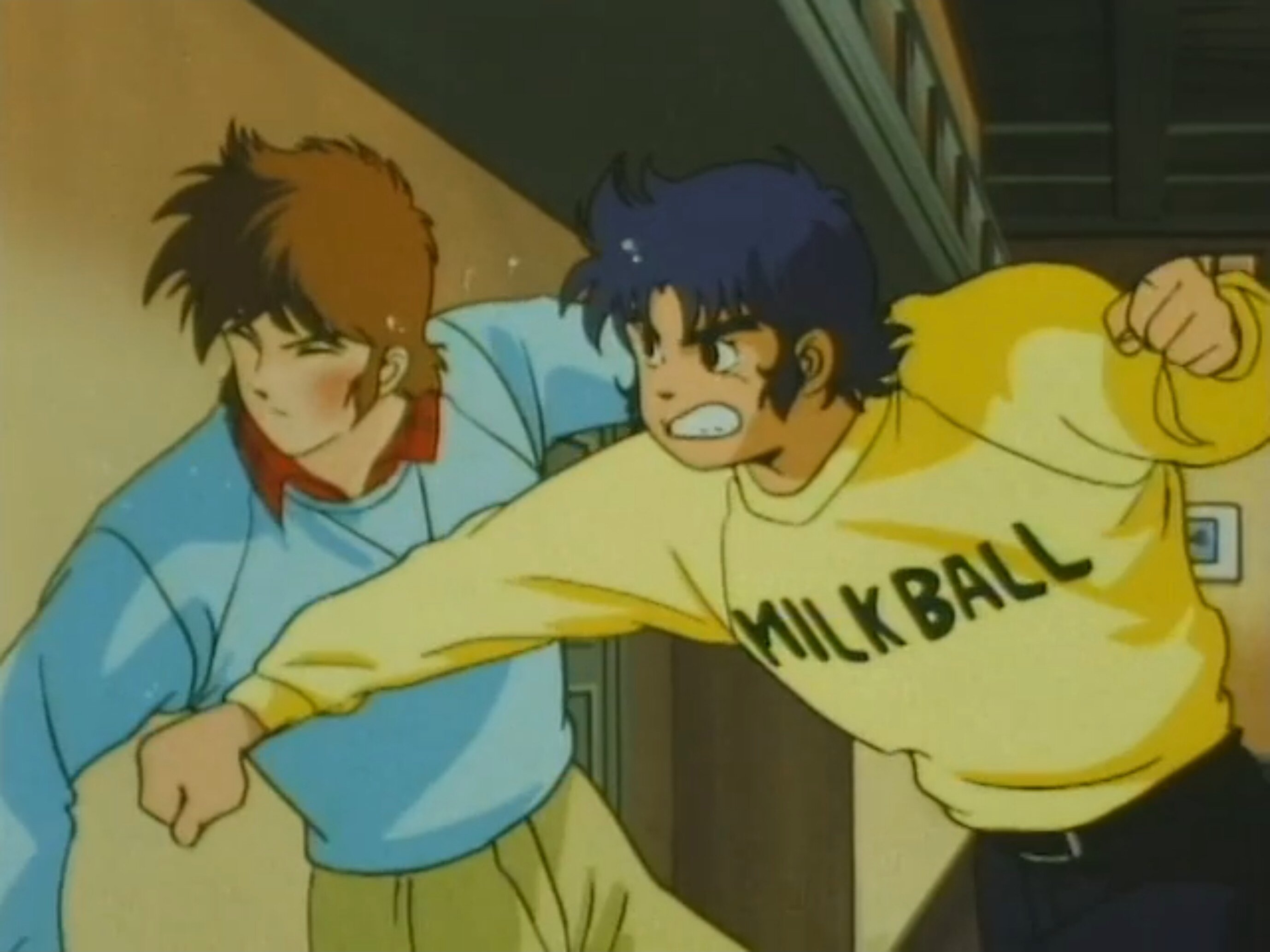 Kento from Ronin Warriors wearing a yellow sweater reading 'MILK BALL' fighting with Cye