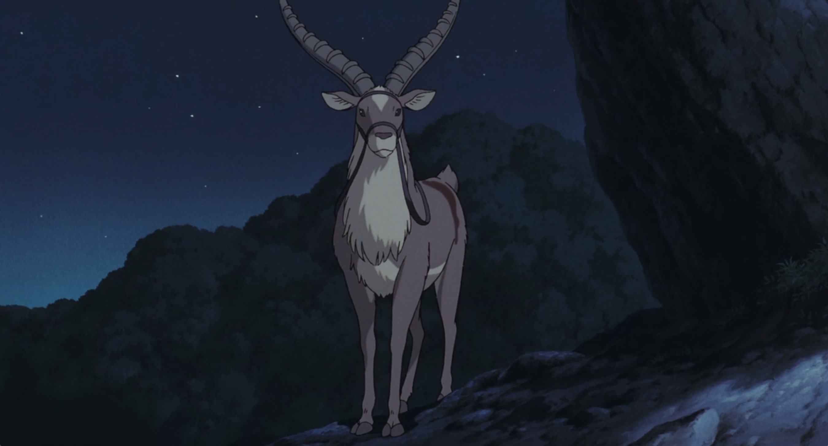 a screenshot from from the film princess mononoke where yakul is standing on a rocky mountain at night
