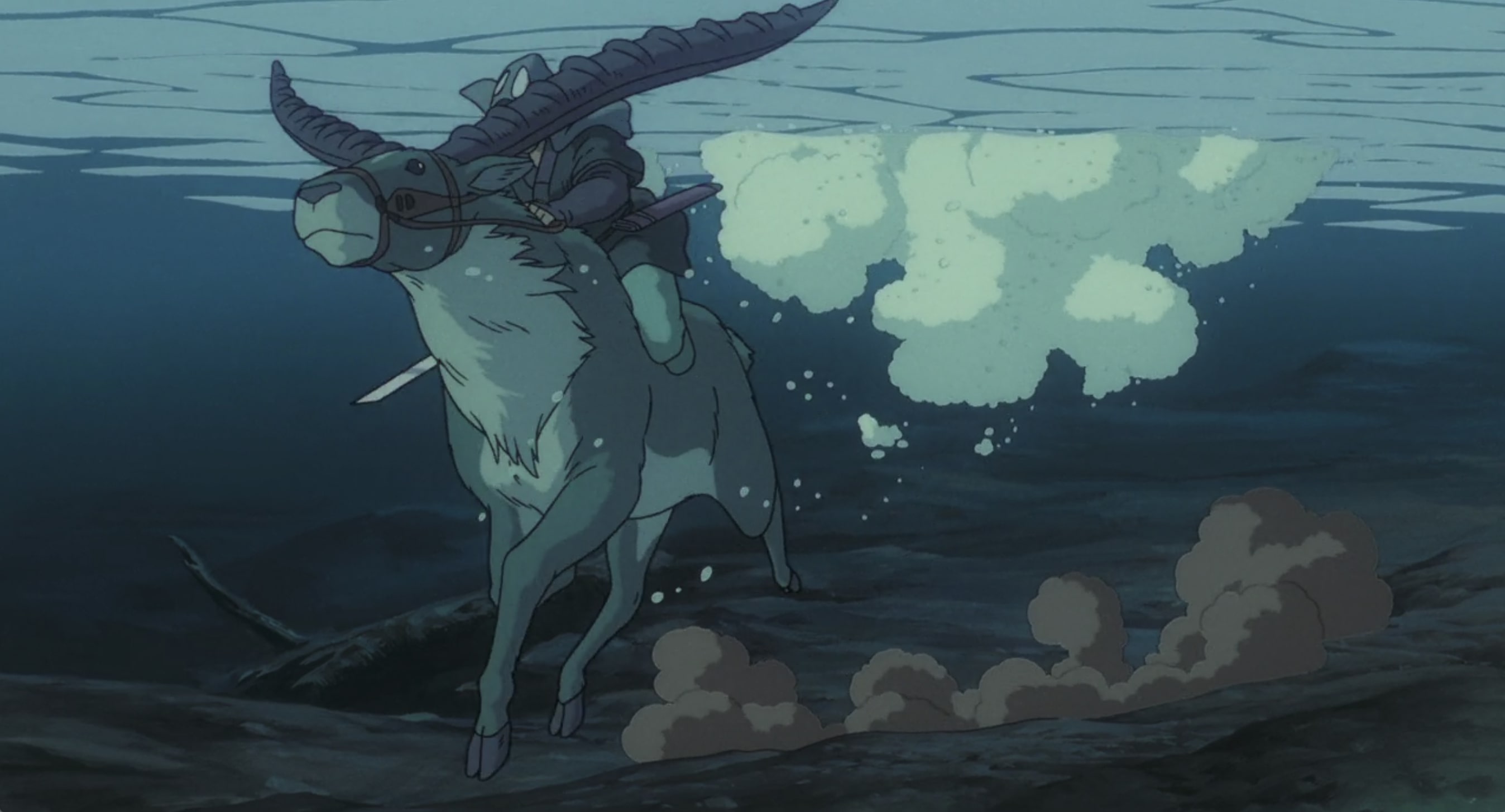 a screenshot from from the film princess mononoke where ashitaka is riding yakul and traversing a lake underwater