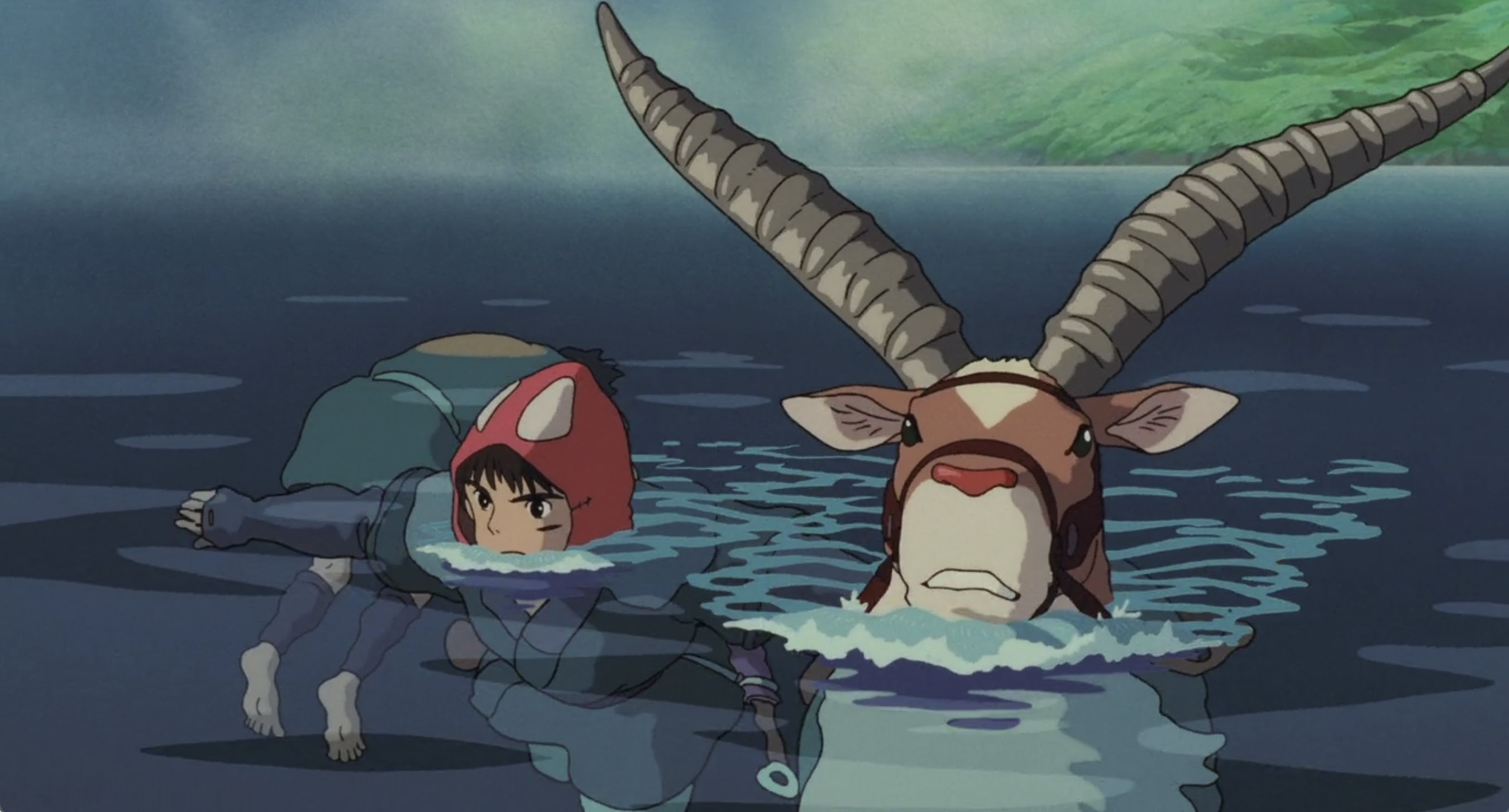a screenshot from from the film princess mononoke where ashitaka and yakul are swimming through a lake with a dead body right next to them